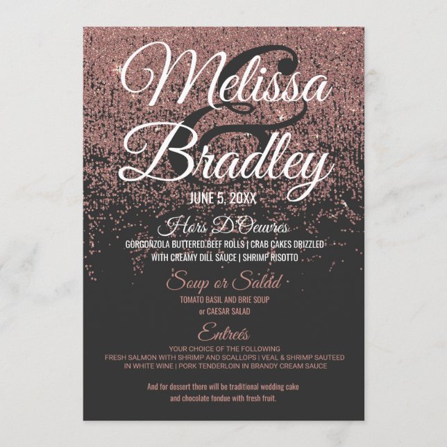 Rose Gold Glitter Sparkles Black Wedding Menu (Front)