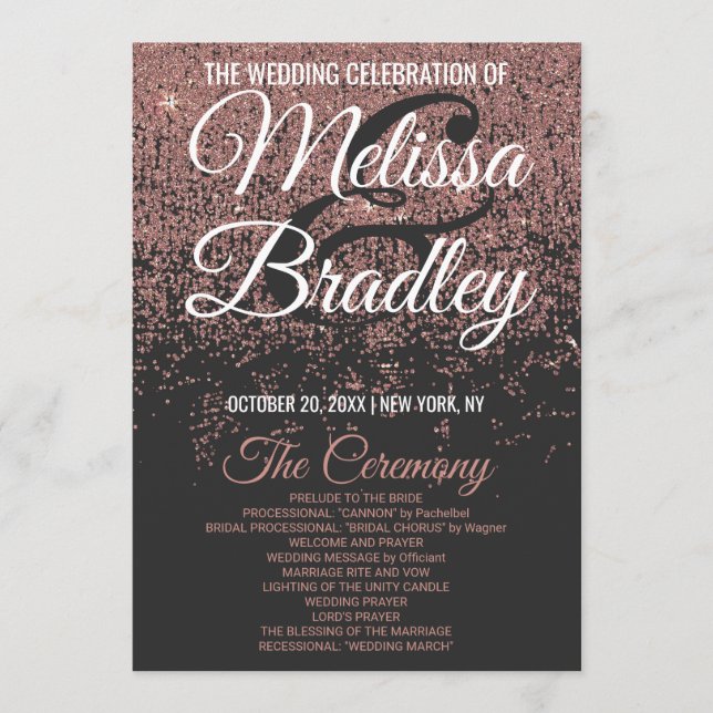 Rose Gold Glitter Sparkles Black Wedding Programs Programme (Front)