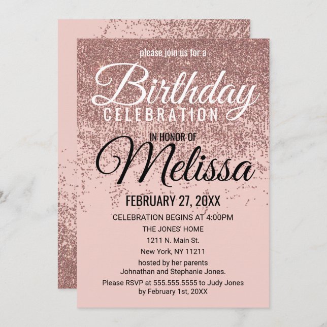 Rose Gold Glitter Sparkles Blush Pink Birthday Invitation (Front/Back)