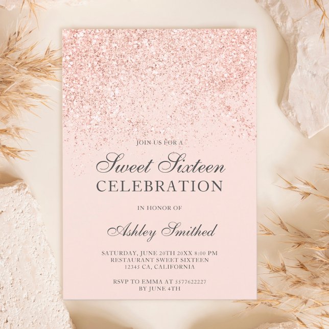 Rose gold glitter sparkles blush sweet sixteen invitation (Creator Uploaded)