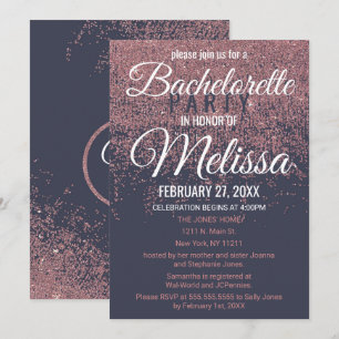 Rose Gold Glitter Sparkles Navy Blue Bachelorette Invitation