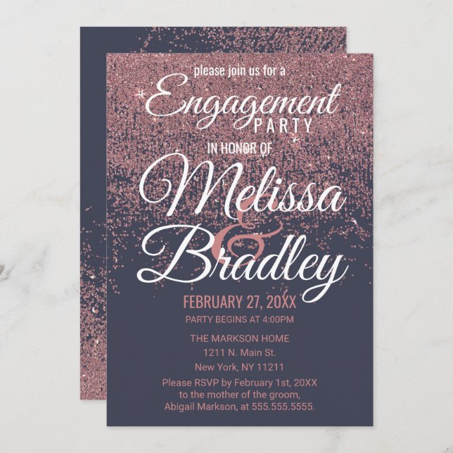 Rose Gold Glitter Sparkles Navy Blue Engagement Invitation (Front/Back)