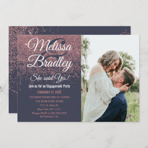Rose Gold Glitter Sparkles Navy Blue Engagement Invitation