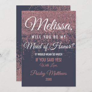 Rose Gold Glitter Sparkles Navy Blue Maid of Honou Invitation