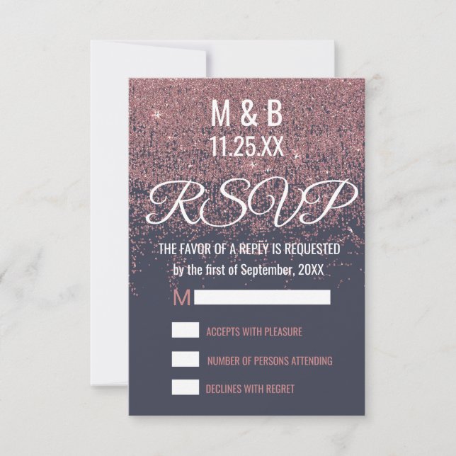 Rose Gold Glitter Sparkles Navy Blue RSVP (Front)