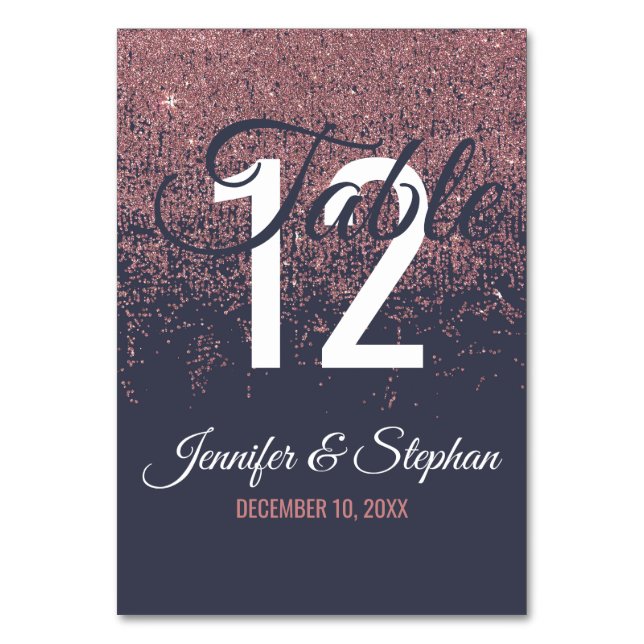 Rose Gold Glitter Sparkles Navy Blue Table Numbers (Front)