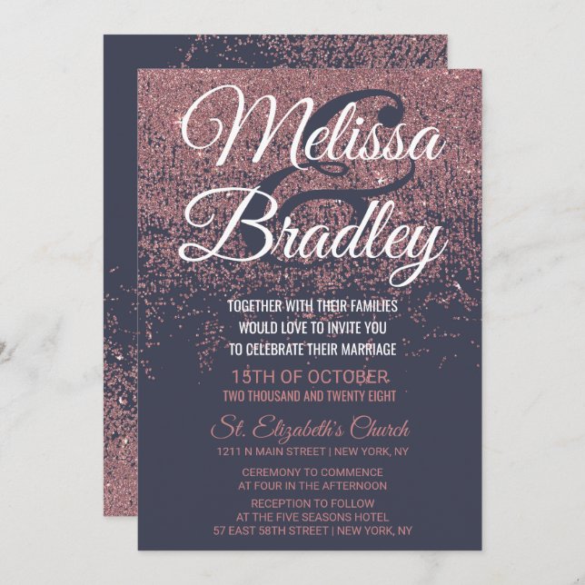 Rose Gold Glitter Sparkles Navy Blue Wedding Invitation (Front/Back)
