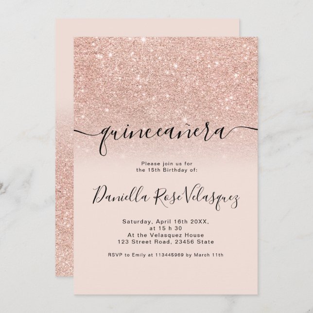 Rose gold glitter sparkles pink ombre quinceanera invitation (Front/Back)