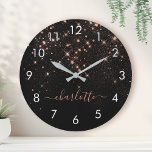 Rose Gold Glitter Sparkly Elegant Glamourous Scrip<br><div class="desc">Create your own personalised black and rose gold diamond sparkle large clock with your custom modern handwritten script name.</div>