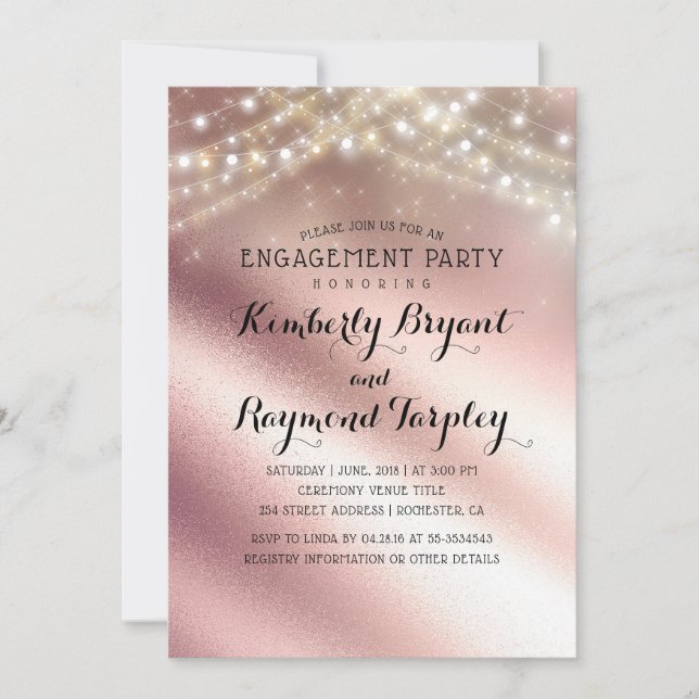 Rose Gold Glitter & Sring Lights Engagement Party Invitation (Front)