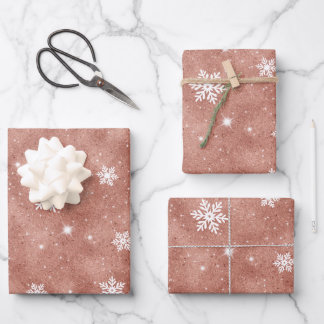 Rose Gold Glitter Stars Snowflakes Pattern Wrapping Paper Sheet