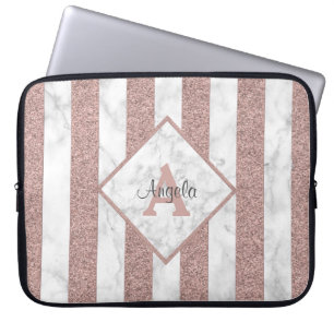 Rose Gold Glitter Stripes Marble Monogram Script Laptop Sleeve
