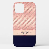 Rose Gold Glitter Stripes Navy Glam Personalised