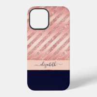 Rose Gold Glitter Stripes Navy Glam Personalised