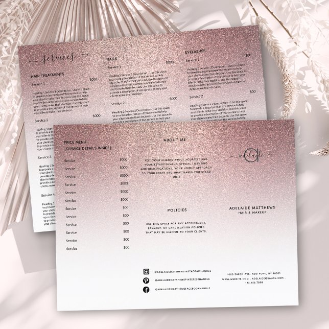 Rose Gold Glitter Stylist Price List Service Menu (Creator Uploaded)