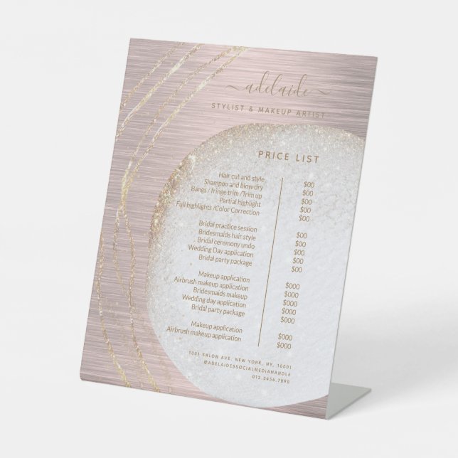 Rose Gold Glitter Stylist Spa Salon Price List Pedestal Sign (Front)