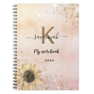 Rose gold glitter sunflower monogram name notebook