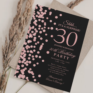 Rose Gold Glitter Surprise 30th Birthday Black Invitation