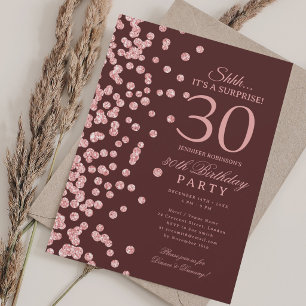Rose Gold Glitter Surprise 30th Birthday Burgundy  Invitation