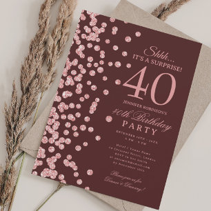 Rose Gold Glitter Surprise 40th Birthday Burgundy Invitation