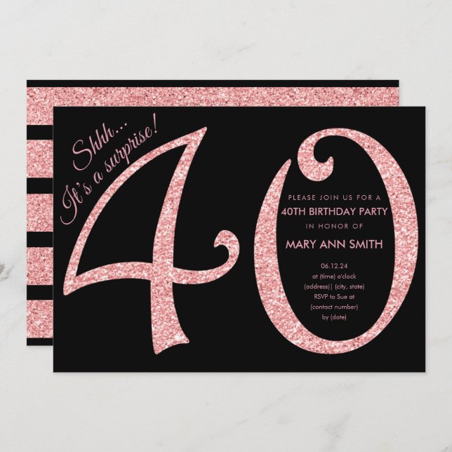 Rose Gold Glitter Surprise 40th Birthday Party Invitation (Front/Back)