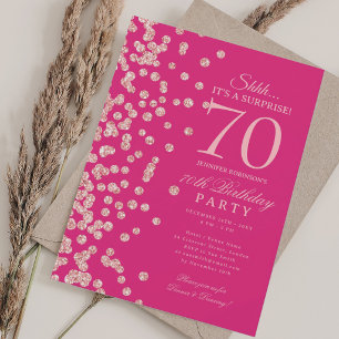 Rose Gold Glitter Surprise 70th Birthday Hot Pink  Invitation