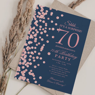 Rose Gold Glitter Surprise 70th Birthday Navy Blue Invitation