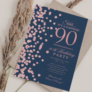 Rose Gold Glitter Surprise 90th Birthday Navy Blue Invitation