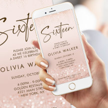 Rose Gold Glitter Sweet 16 Birthday Mobile Invite