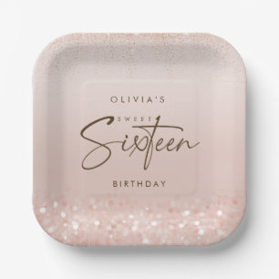 Rose Gold Glitter Sweet 16 Birthday Party Paper Plate