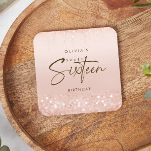 Rose Gold Glitter Sweet 16 Birthday Party Square Paper Coaster