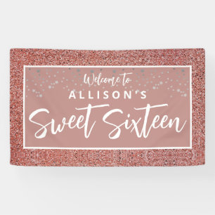Rose Gold Glitter Sweet 16 Birthday Welcome Name Banner