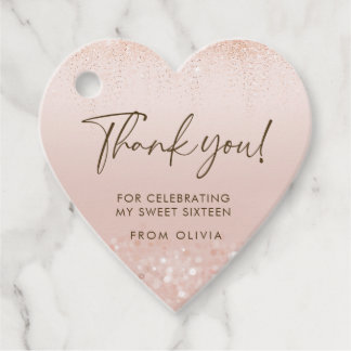 Rose Gold Glitter Sweet 16 Heart Favour Tag