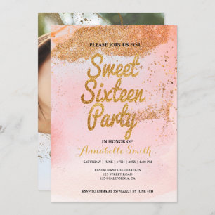 rose gold glitter sweet 16 invitation