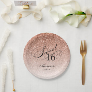 Rose Gold Glitter Sweet 16 Personalised Paper Plate