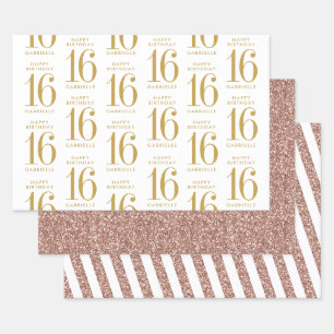 Rose Gold Glitter Sweet 16 Personalized Pink Wrapping Paper Sheet