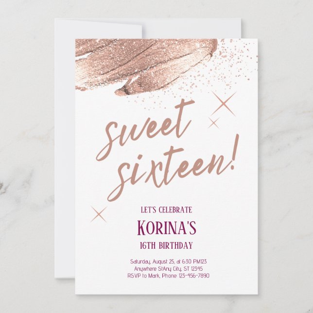 Rose Gold Glitter Sweet Sixteen Invitation (Front)