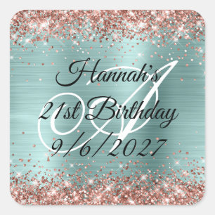Rose Gold Glitter Teal Foil Monogram 21st Birthday Square Sticker