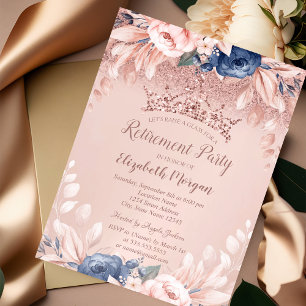 Rose Gold Glitter Tiara Blue Flowers Retirement   Invitation