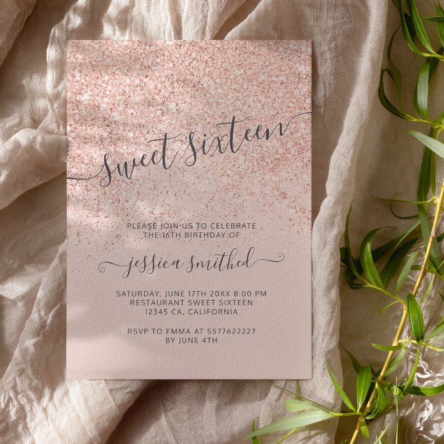 Rose gold glitter typography blush pink Sweet 16 Invitation (Creator Uploaded)