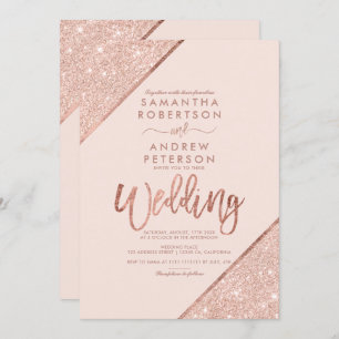 Rose gold glitter typography blush pink wedding invitation