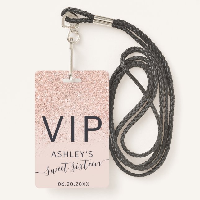 Rose gold glitter typography blush Sweet 16 VIP ID Badge (Front with Lanyard)