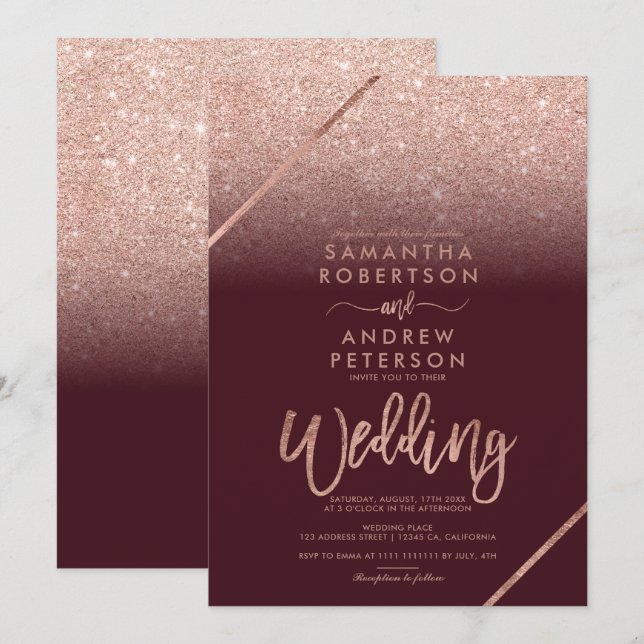 Rose gold glitter typography burgundy wedding invitation (Front/Back)