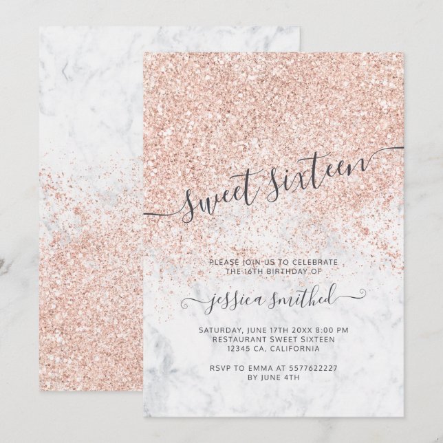 Rose gold glitter typography marble Sweet 16 Invitation (Front/Back)