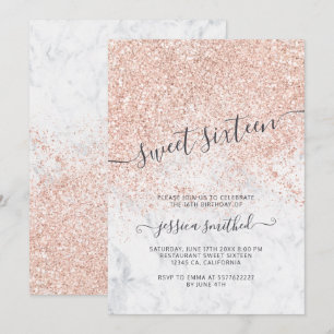 Rose gold glitter typography marble Sweet 16 Invitation