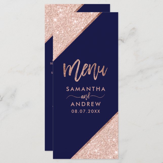 Rose gold glitter typography navy wedding menu (Front/Back)
