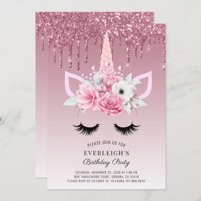 Rose Gold Glitter Unicorn Birthday Party Invitatio Invitation (Front/Back)