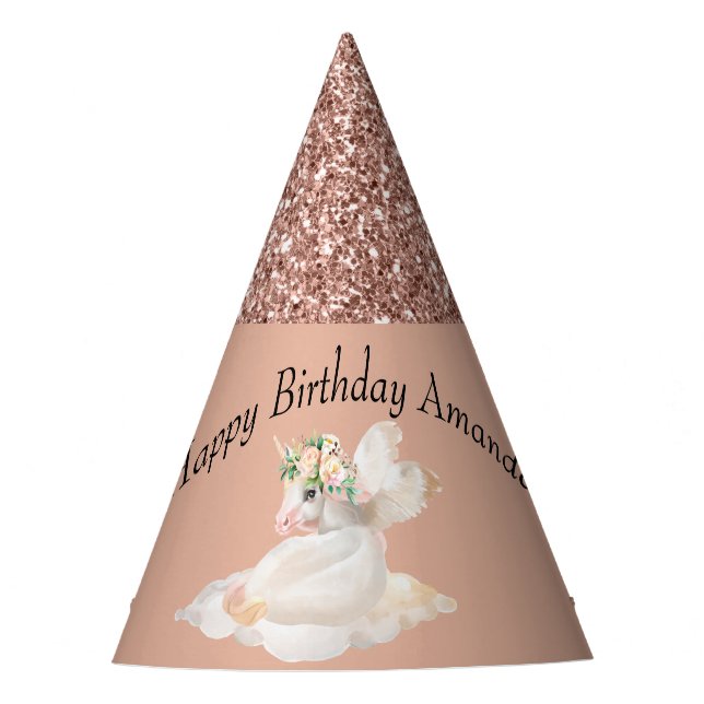 Rose Gold Glitter Unicorn Pegasus Happy Birthday Party Hat (Front)