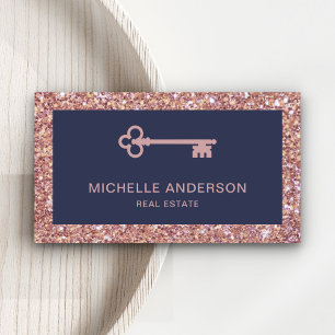 Rose Gold Glitter Vintage Antique Key Real Estate Business Card