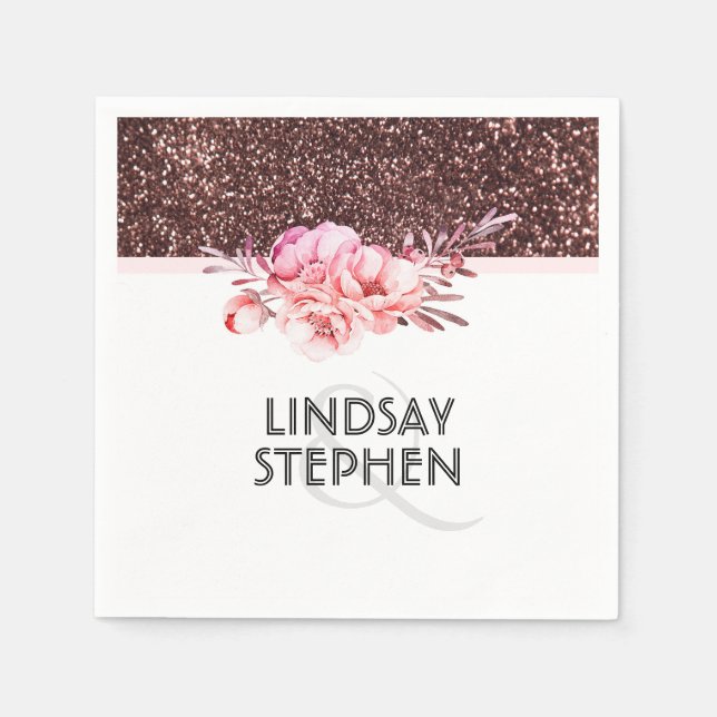 Rose Gold Glitter Vintage Floral Wedding Napkin (Front)